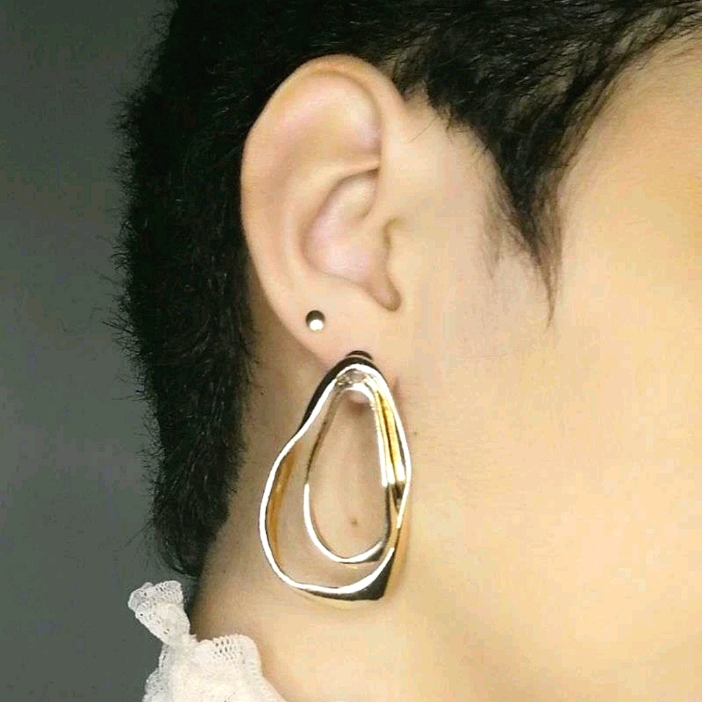 Gold hoop Hammered plated thick double layer boho big earrings - Picture 13 of 17